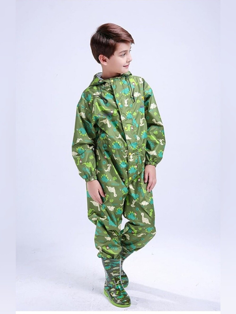 Kids Green Dinosaur Print One-Piece Rain Suit